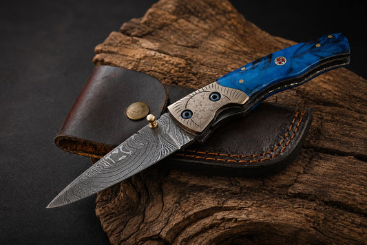 Handcrafted 512-Layer Damascus Steel Folding Utility Knife with Resin & Copper Handle – Premium EDC with Leather Sheath
