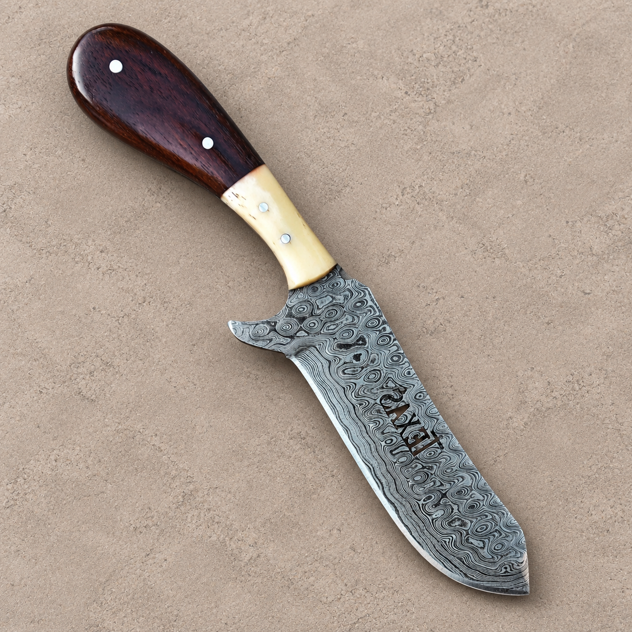 Hand Forged Damascus Steel Fixed Blade Knife with Natural Horn Handle & Leather Sheath