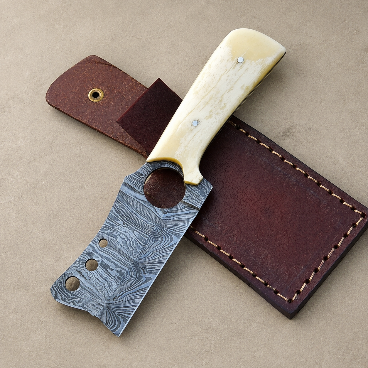 Hand Forged Damascus Steel Mini Utility Knife with Camel Bone Handle