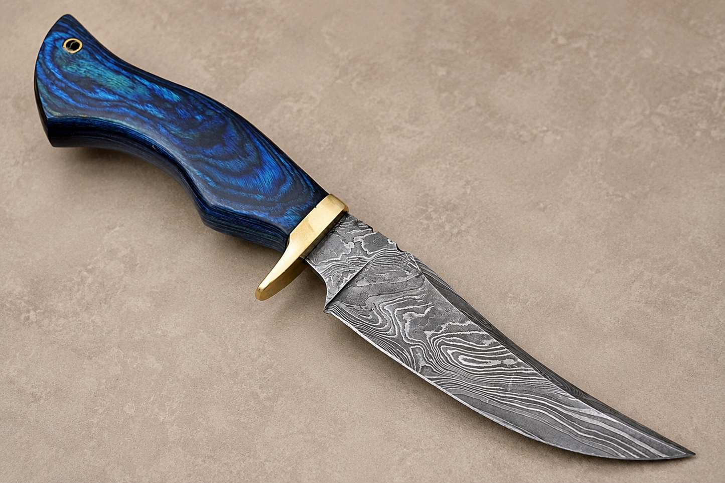 Timber Guard Damascus Steel Utility Knife – 512 Layer Hand Forged Blade with Stained Wood Handle, Brass Guard & Leather Sheath
