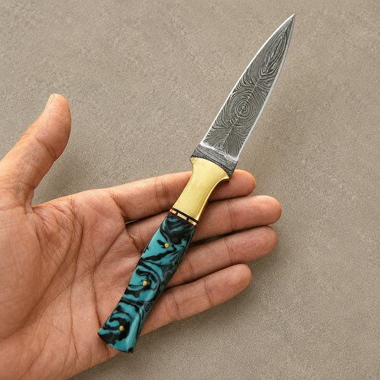 Copper Ridge Damascus Steel Knife – 512 Layer Hand Forged Blade with Resin & Brass Handle and Leather Sheath