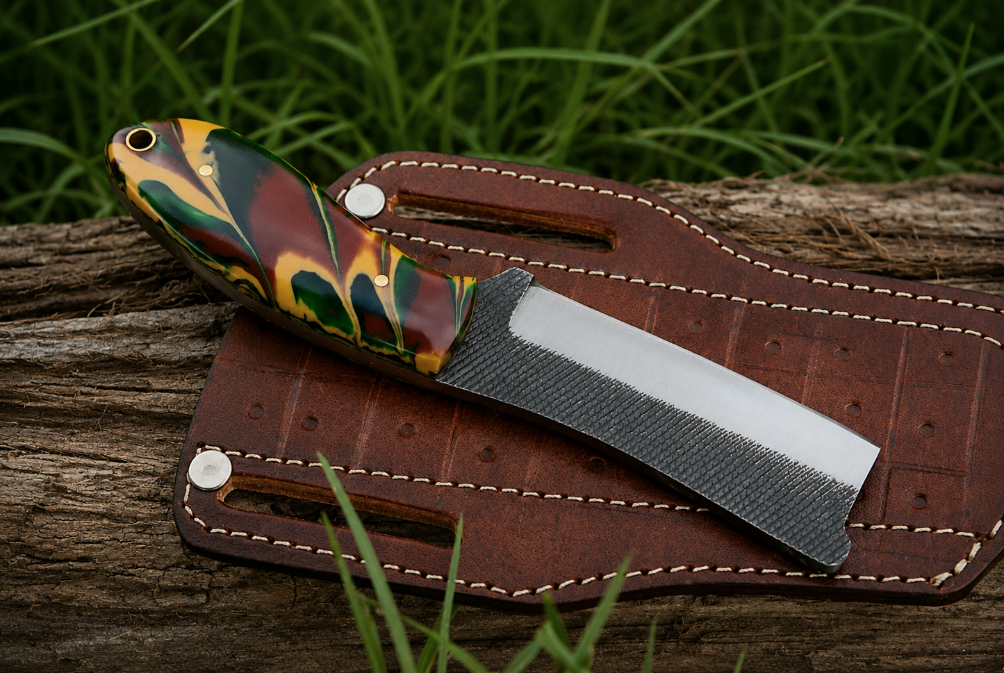Hand Forged Railroad Steel Fixed Blade Utility Tool with Risen Handle – Engraved Leather Sheath Included