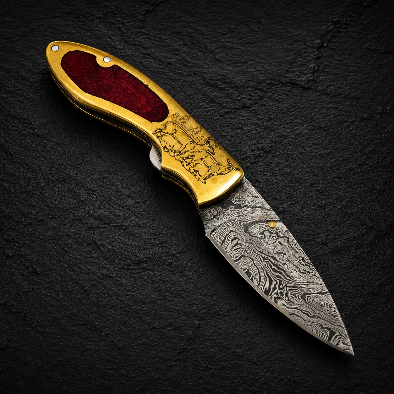 Brass Heritage Damascus Steel Folding Knife – 512 Layer Hand Forged Design with Resin & Brass Handle, Leather Sheath