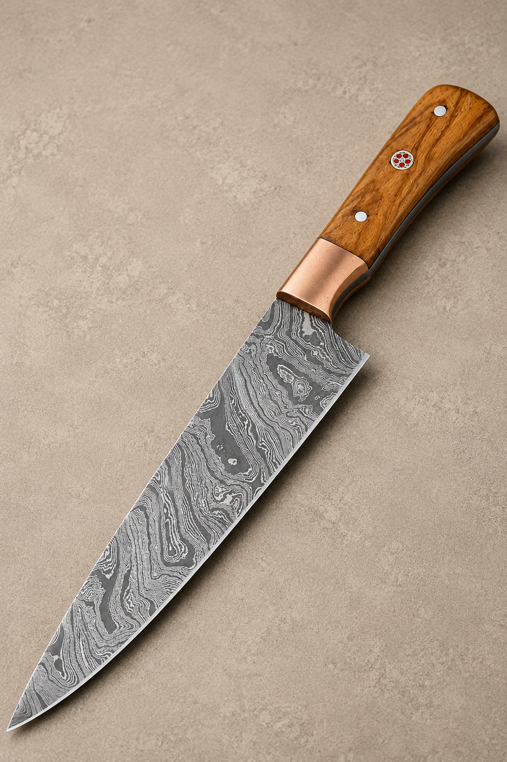 Olive Grove Damascus Chef Knife – 512 Layer Hand Forged Kitchen Knife with Olive Wood Handle & Copper Guard