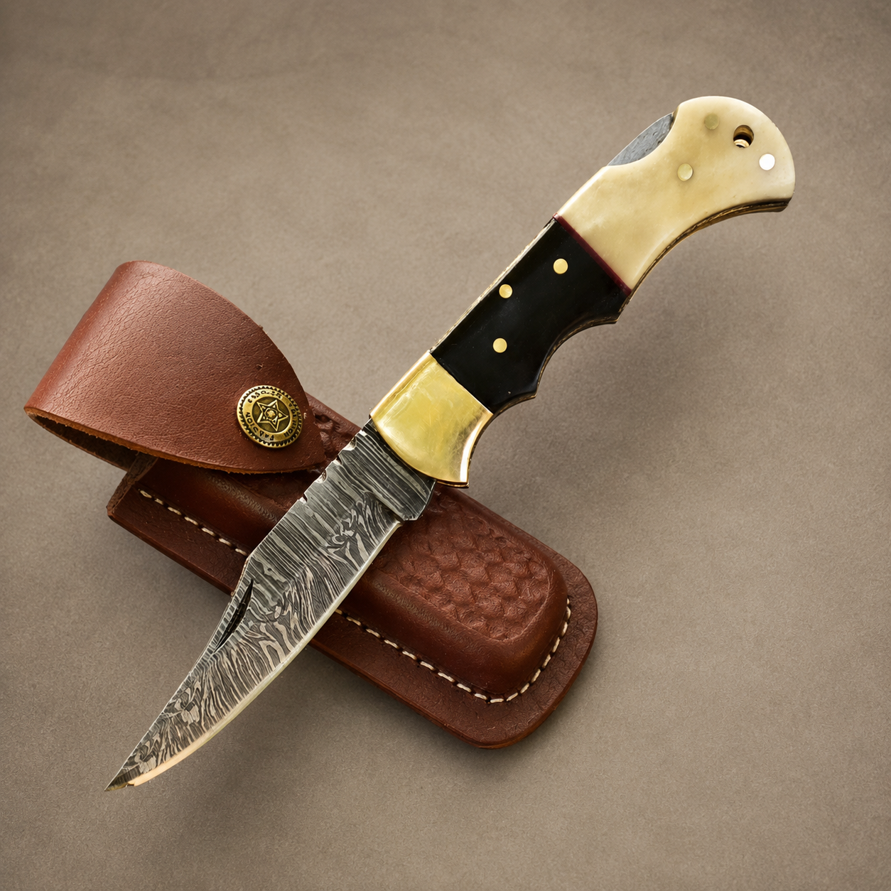 Hand Forged Damascus Steel Folding Pocket Knife with Leather Sheath