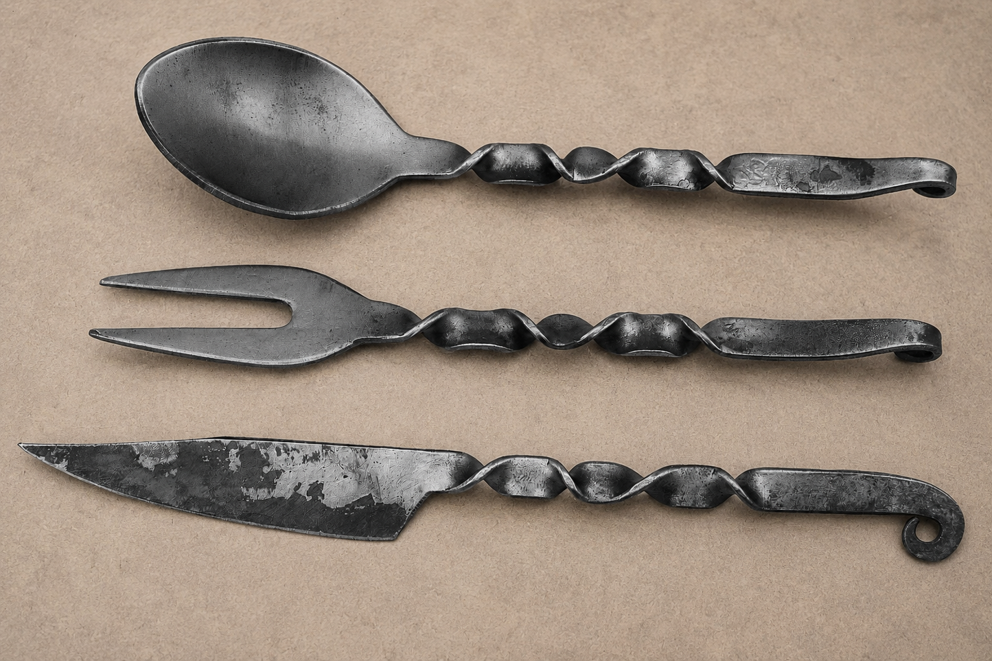 Hand Forged Medieval Feasting Utensil Set with Leather Pouch (3 Pieces)