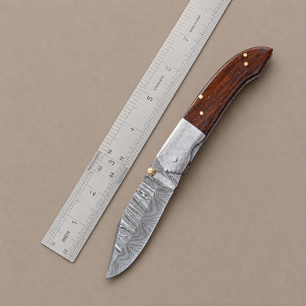 Hand Forged Damascus Steel Folding Pocket Knife with Wood Handle