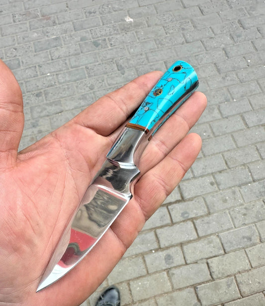 Handmade D2 Steel Fixed Blade Knife – Mirror Polished Blade Resin Handle | Leather Sheath Included