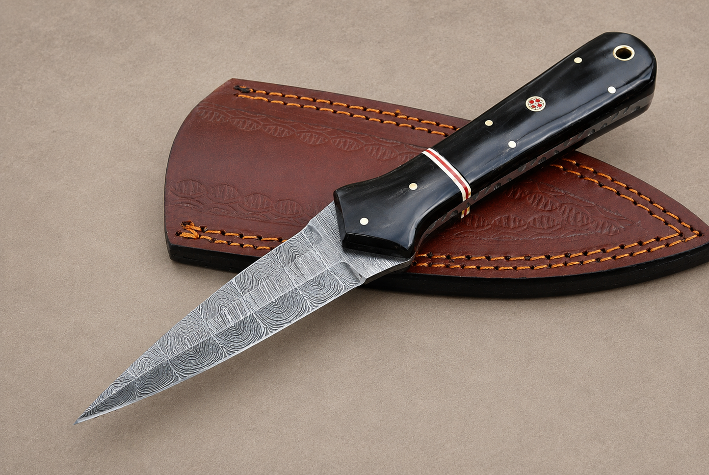 Midnight Horn Damascus Steel Knife – 512 Layer Hand Forged Blade with Bull Horn Handle & Leather Sheath