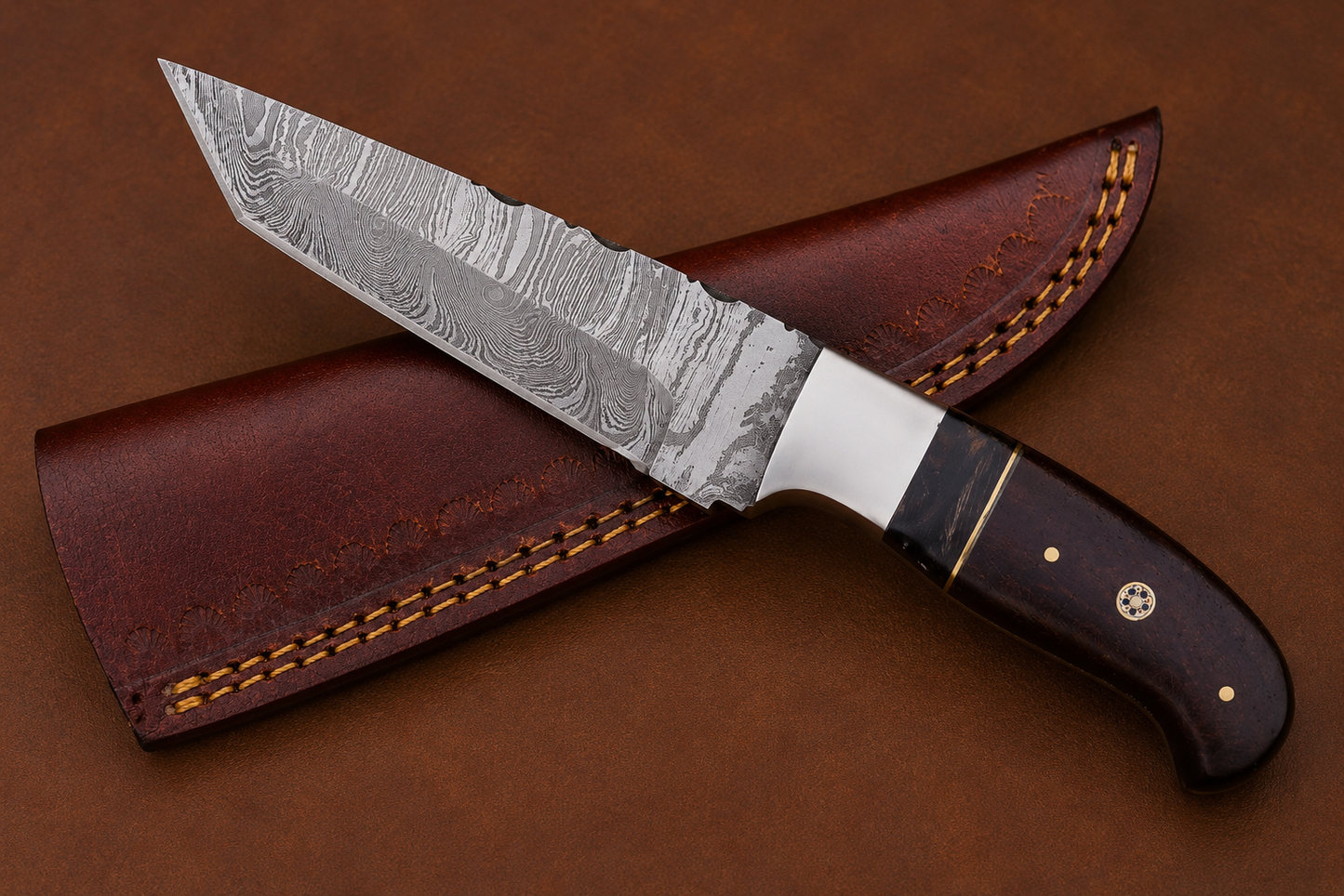 Signature Damascus Steel Tanto Knife – 512 Layer Hand Forged Blade with Wood Handle & Leather Sheath
