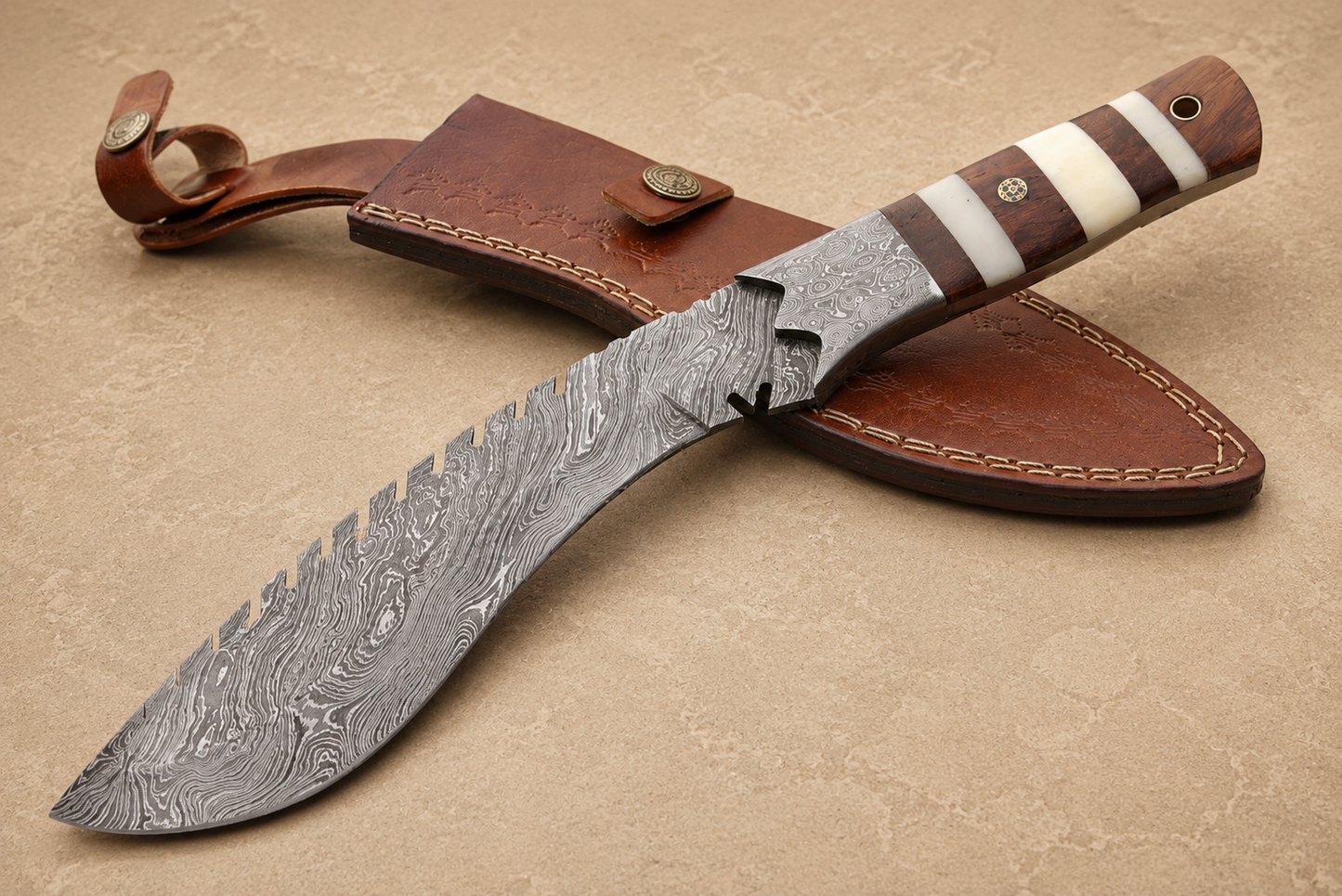 Heritage Curve Damascus Steel Utility Knife – 12" Hand Forged 512 Layer Blade with Camel Bone & Wood Handle, Leather Sheath