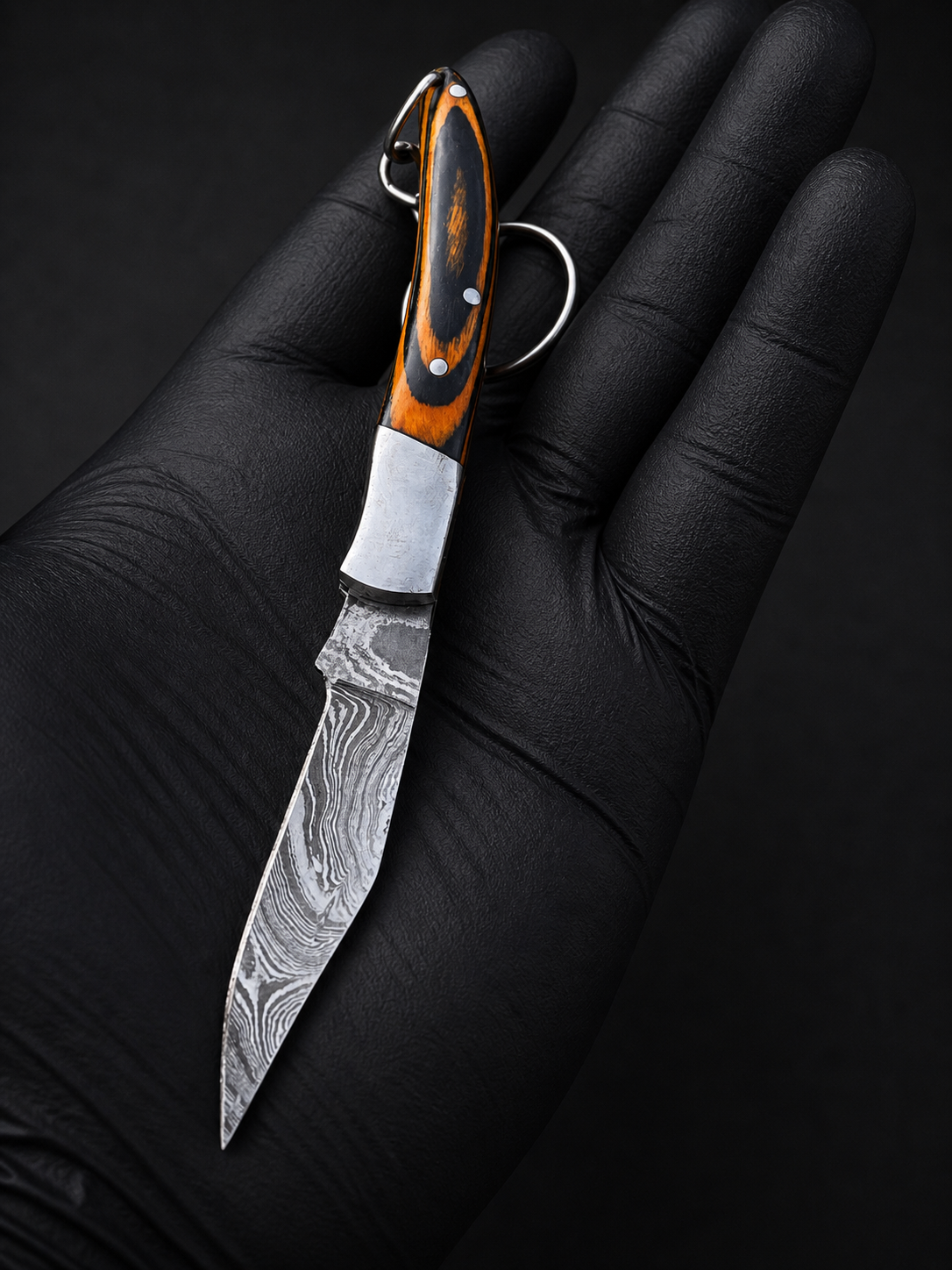 Hand Forged Damascus Steel Folding Knife Keychain – 3” Compact Knife with Wood & Steel Handle (512 Layers)