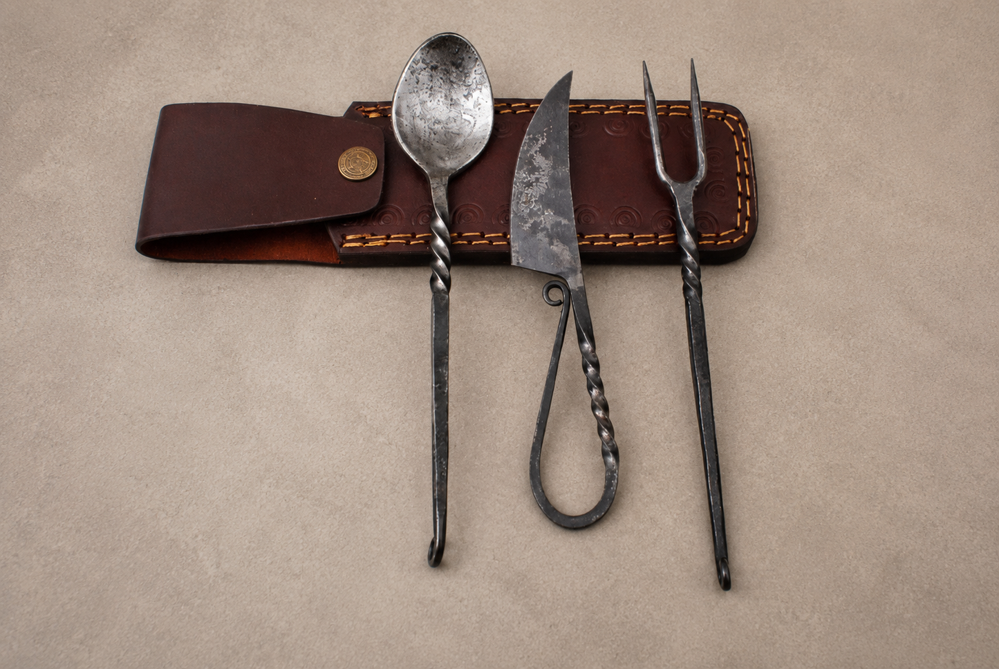 Hand Forged Medieval Damascus Utensil Set – Handmade Feasting Spoon Fork & Utility Set with Leather Pouch