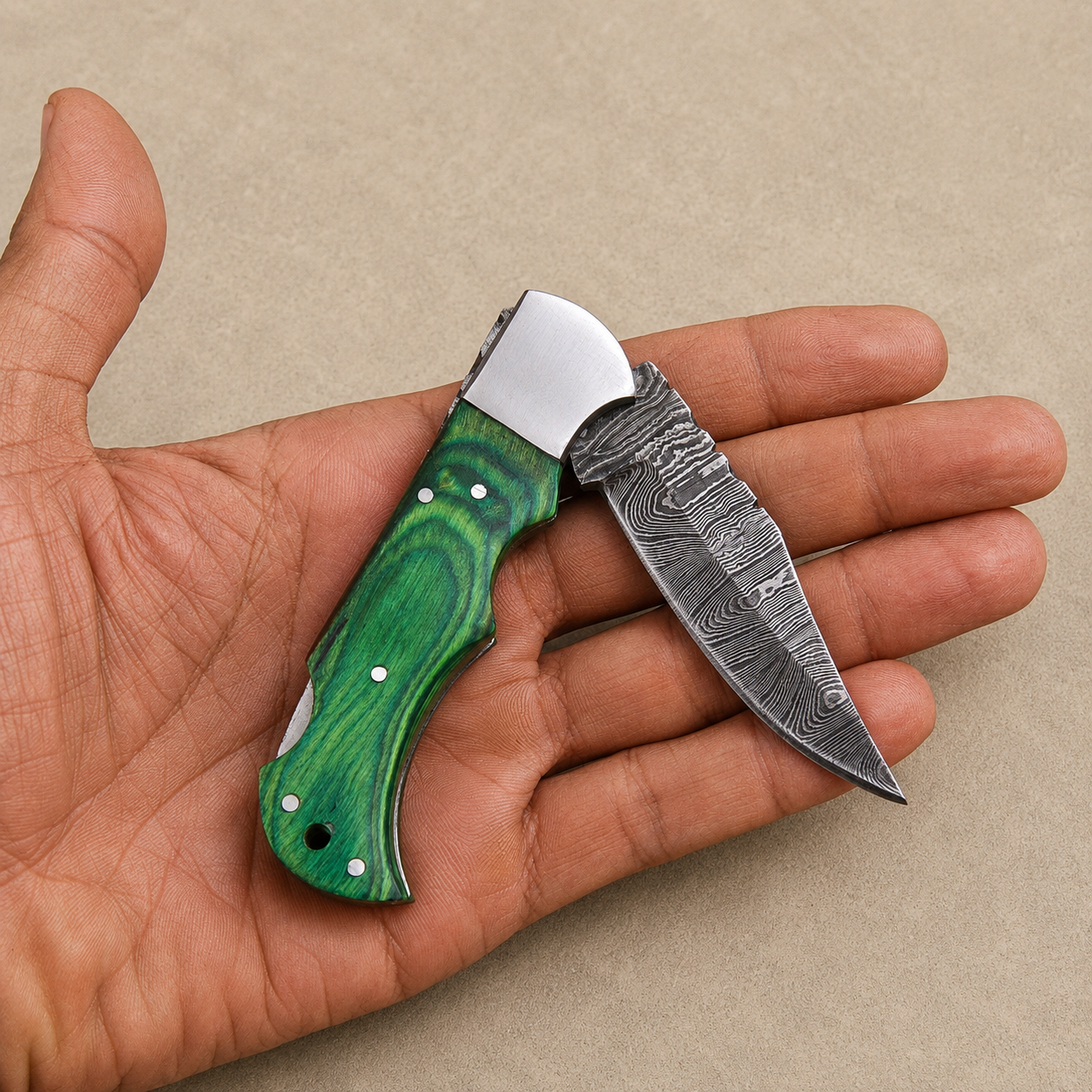 Artisan Folding Damascus Steel Knife – Premium Wood Handle | Steel Bolster |Green Handle| Classic Lock back