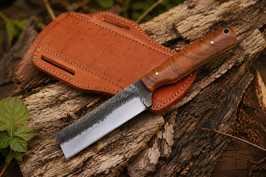Premium Hand-Forged Railroad Steel Bull Cutter Knife Leather Sheath Included