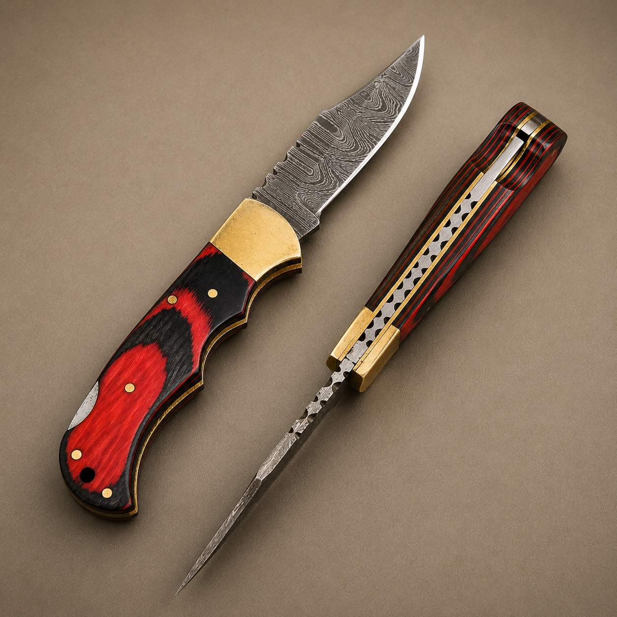 Crimson Oak Damascus Folding Knife – Red & Black Pakka Wood Handle, Brass Bolster & Leather Sheath