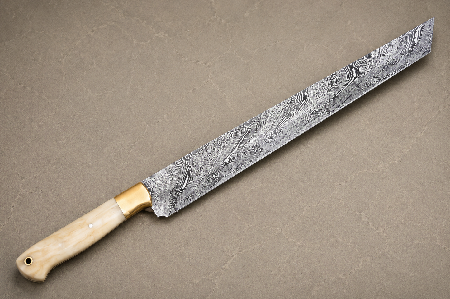 Copper Ridge Damascus Kitchen Knife – 10-Inch Artisan Blade with Camel Bone Handle