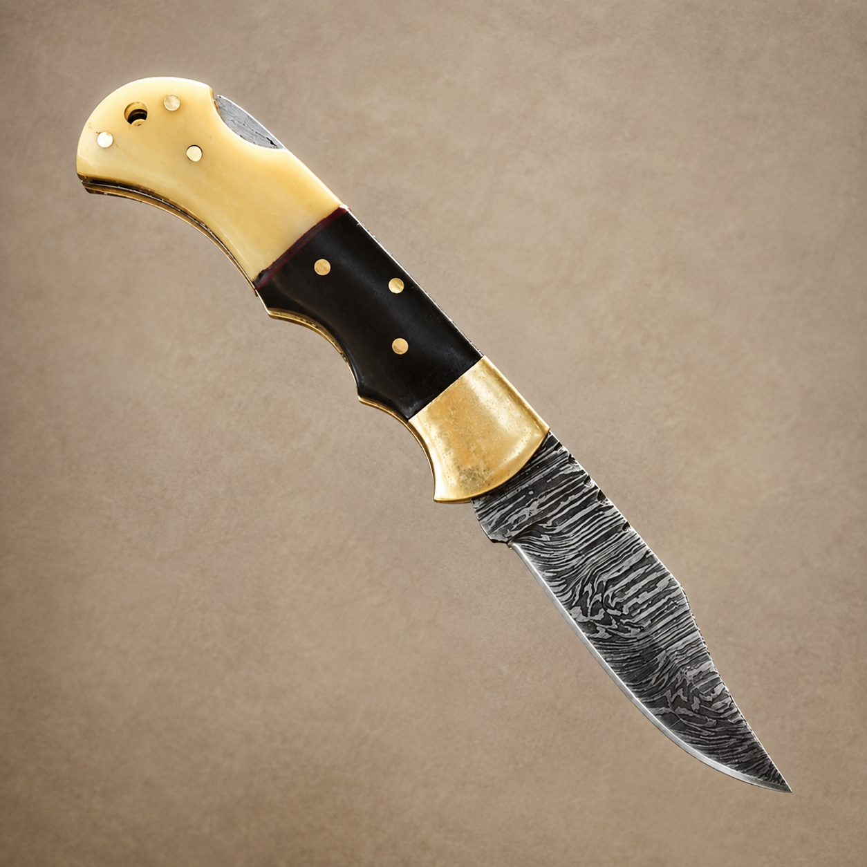 Hand Forged Damascus Steel Folding Pocket Knife with Leather Sheath
