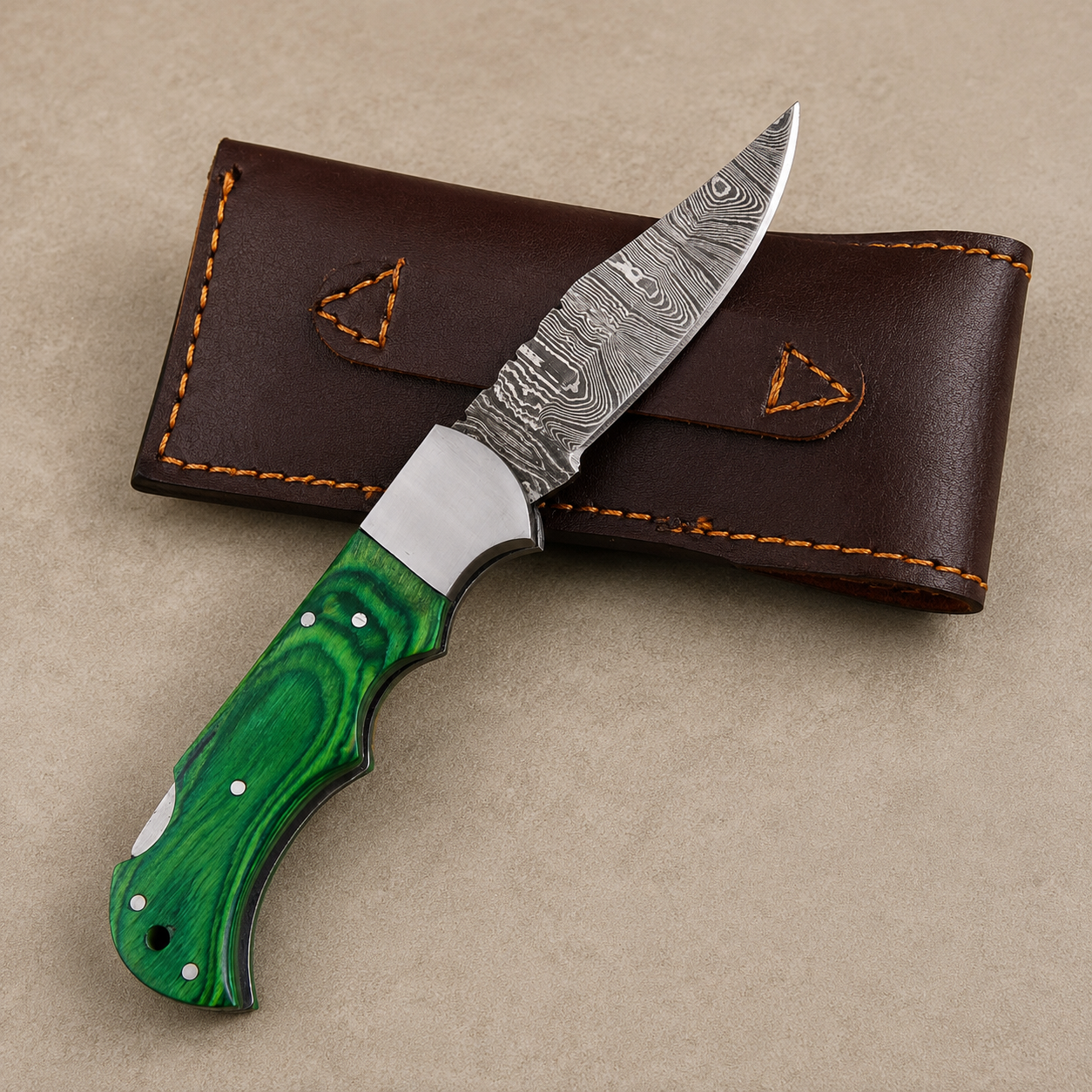 Artisan Folding Damascus Steel Knife – Premium Wood Handle | Steel Bolster |Green Handle| Classic Lock back