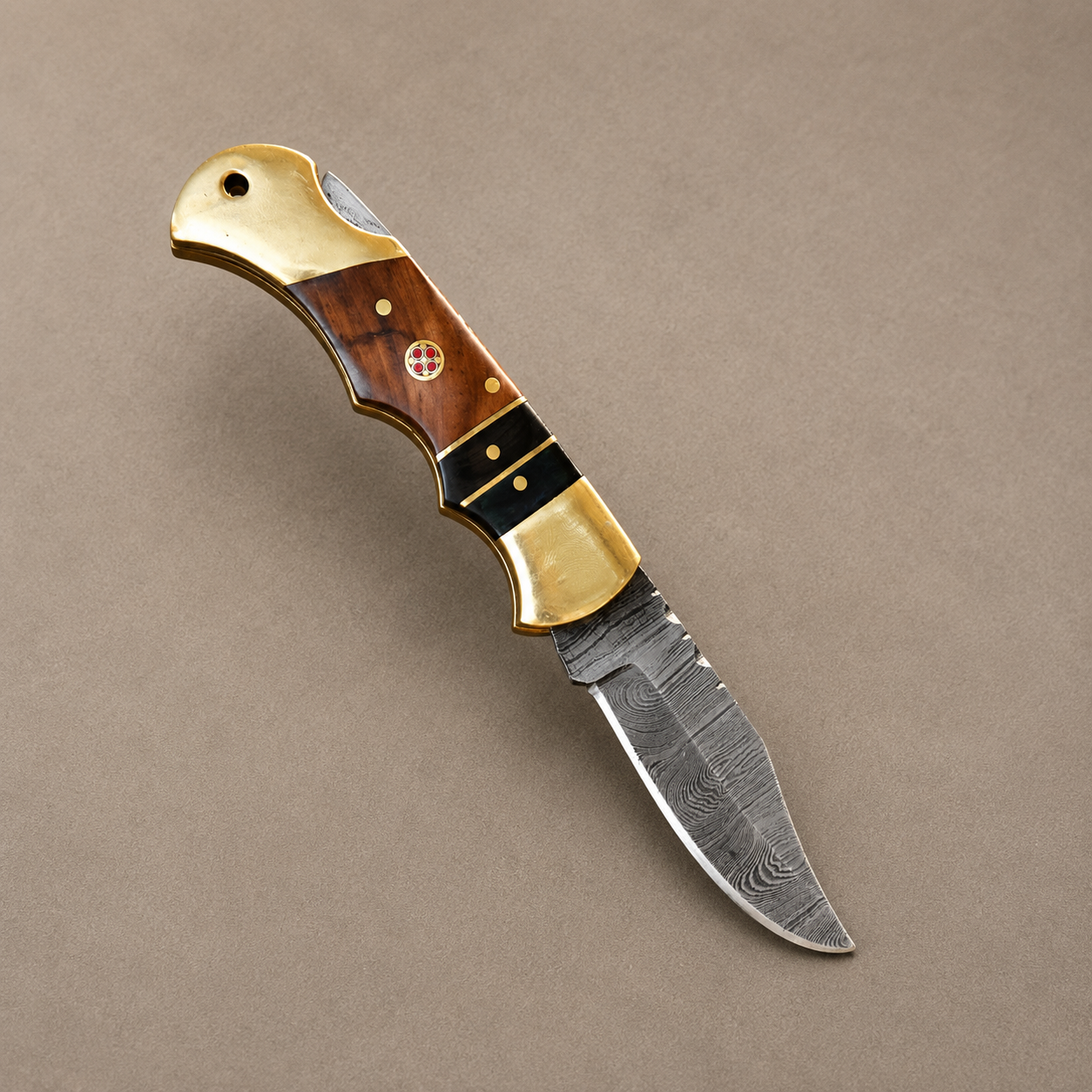 Hand Forged Damascus Steel Back Lock Folding Pocket Knife with Wood & Bull Horn Handle