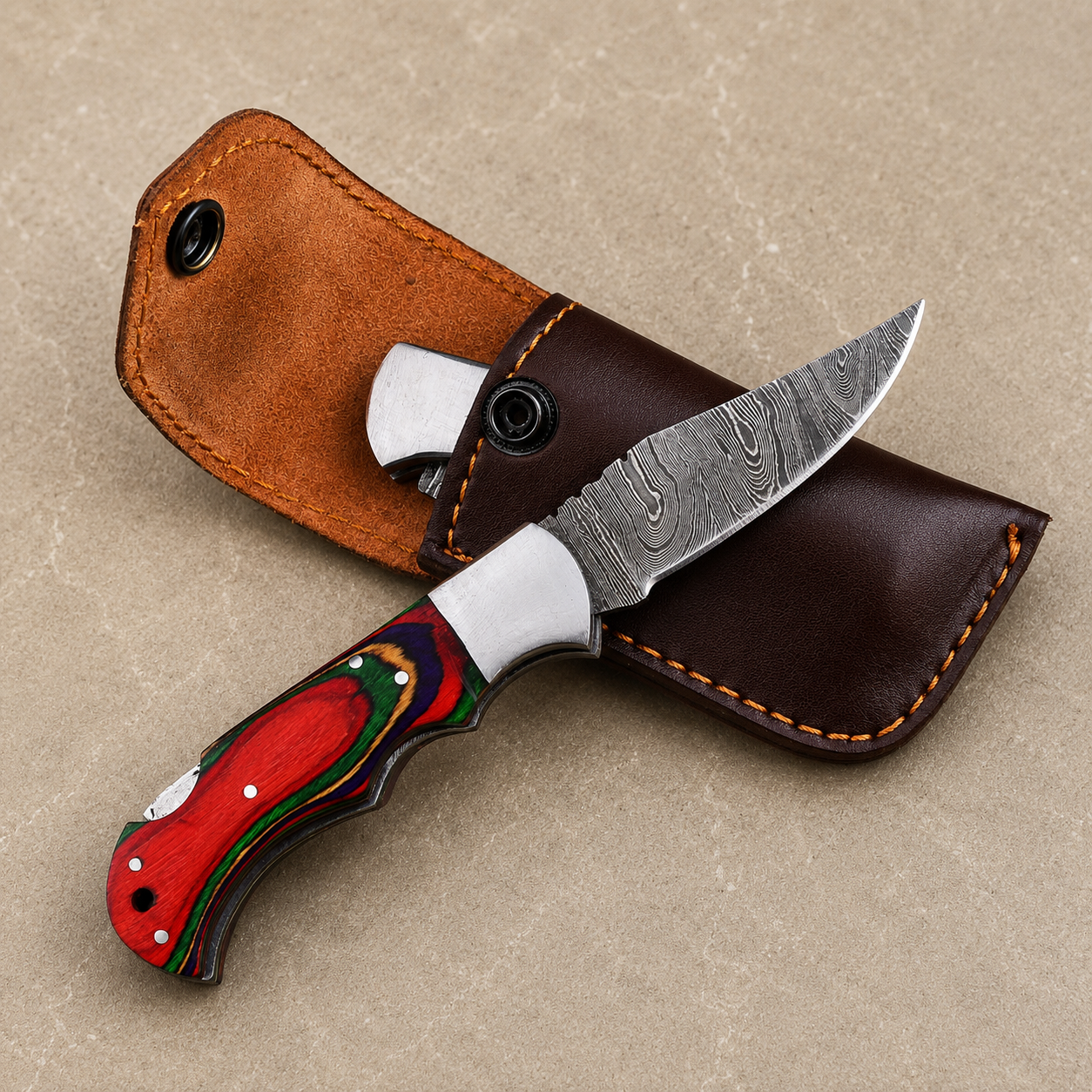 Classic Damascus Pocket Knife – Multi-Color Pakka Wood