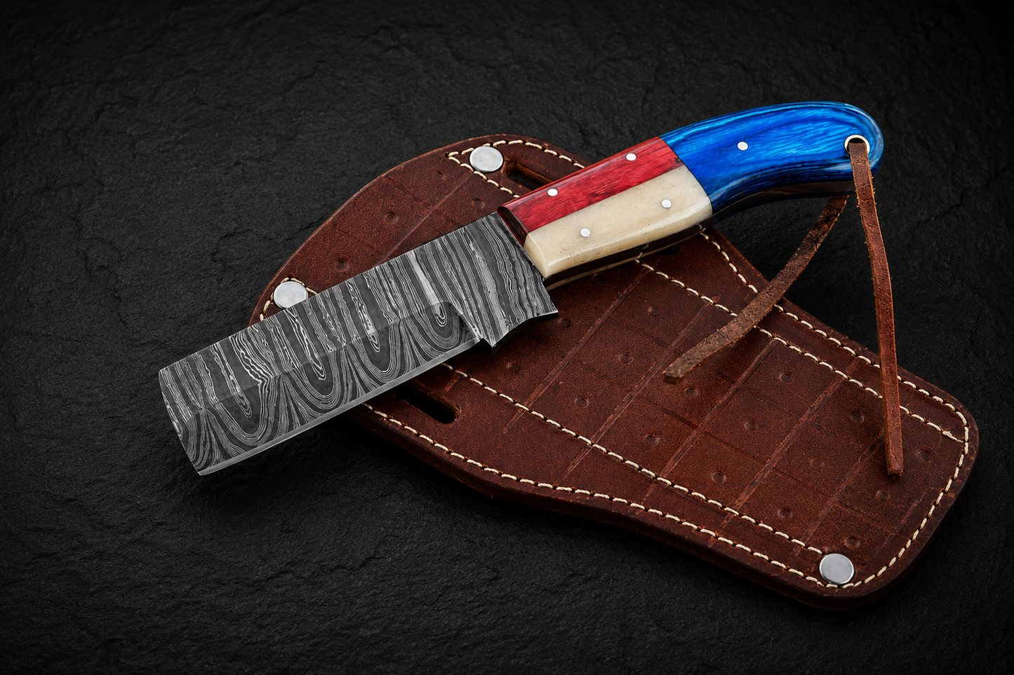 Heritage Trail Damascus Steel Utility Knife – 512 Layer Hand Forged Fixed Blade with Wood & Buffalo Bone Handle, Leather Sheath