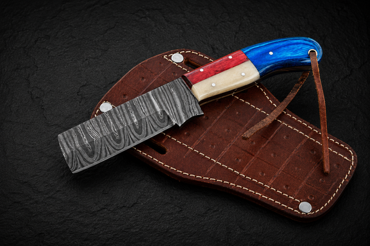 Heritage Trail Damascus Steel Utility Knife – 512 Layer Hand Forged Fixed Blade with Wood & Buffalo Bone Handle, Leather Sheath
