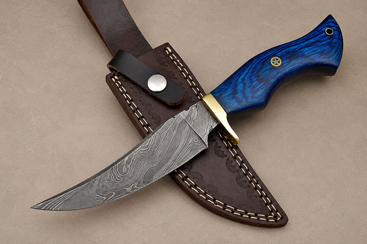 Timber Guard Damascus Steel Utility Knife – 512 Layer Hand Forged Blade with Stained Wood Handle, Brass Guard & Leather Sheath