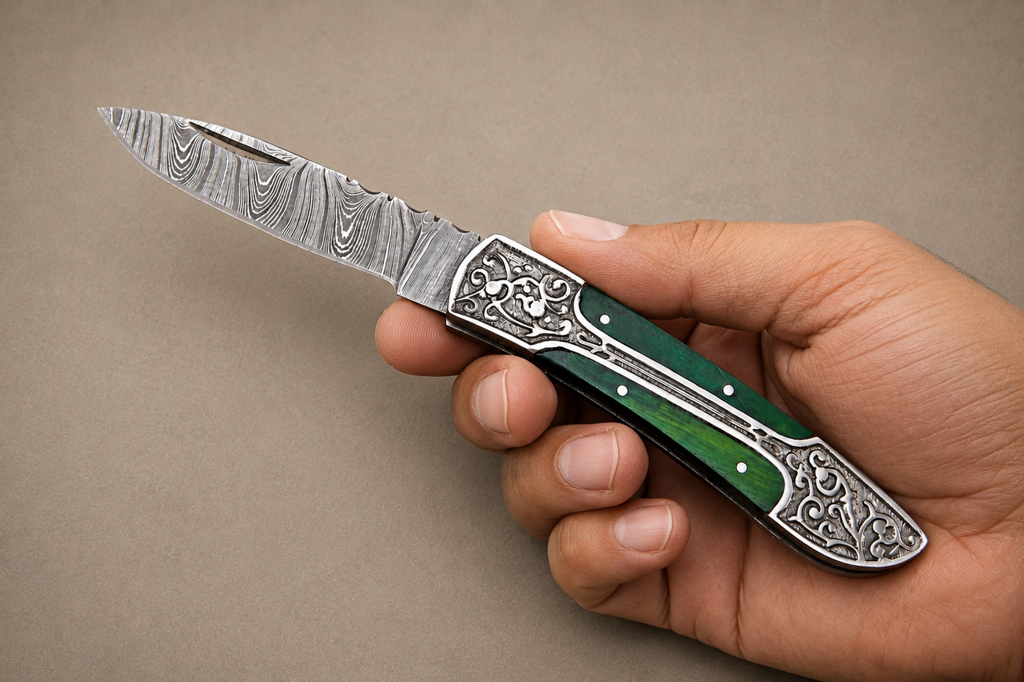 Hand Forged Damascus Steel Folding Pocket Knife with Wood Handle & Leather Sheath