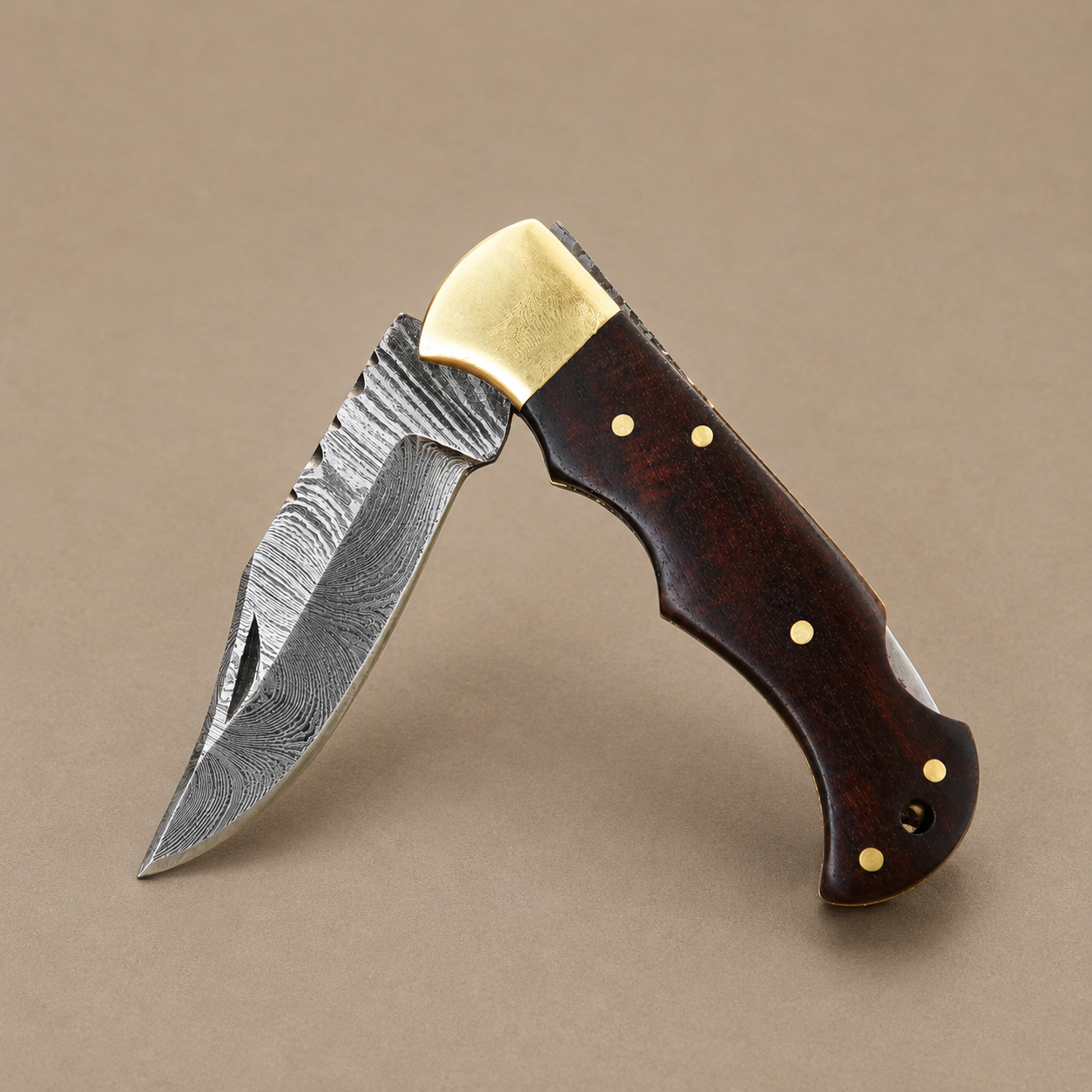 Hand Forged Damascus Steel Folding Pocket Knife with Espresso Wood Handle & Leather Sheath