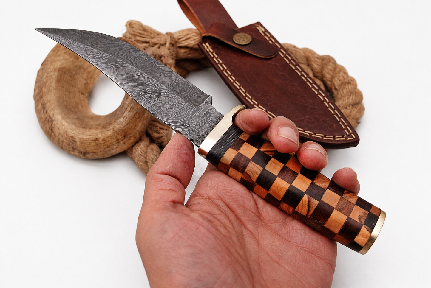 Hand Forged Damascus Steel Fixed Blade Knife – 9” Wood Handle with Brass Bolster (Full Tang)