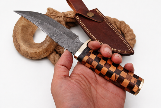Hand Forged Damascus Steel Fixed Blade Knife – 9” Wood Handle with Brass Bolster (Full Tang)