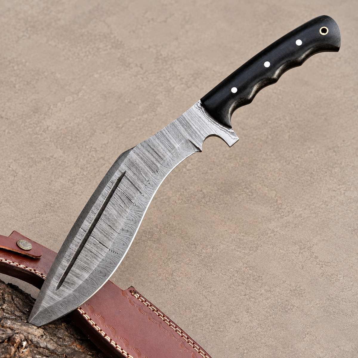 Custom Hand Forged Damascus Kukri-Style Knife with Micarta Handle & Leather Sheath