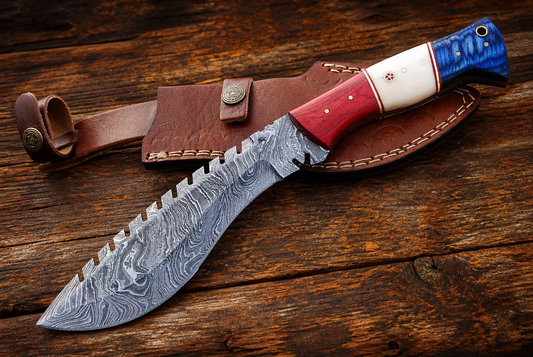 Hand Forged Damascus Steel Kukri Knife – 12” Curved Blade with Buffalo Bone Handle & Leather Sheath (512 Layers)