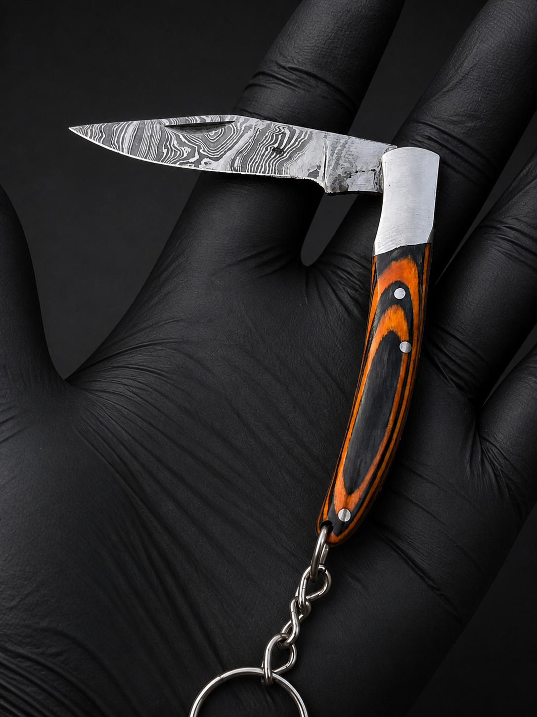 Hand Forged Damascus Steel Folding Knife Keychain – 3” Compact Knife with Wood & Steel Handle (512 Layers)