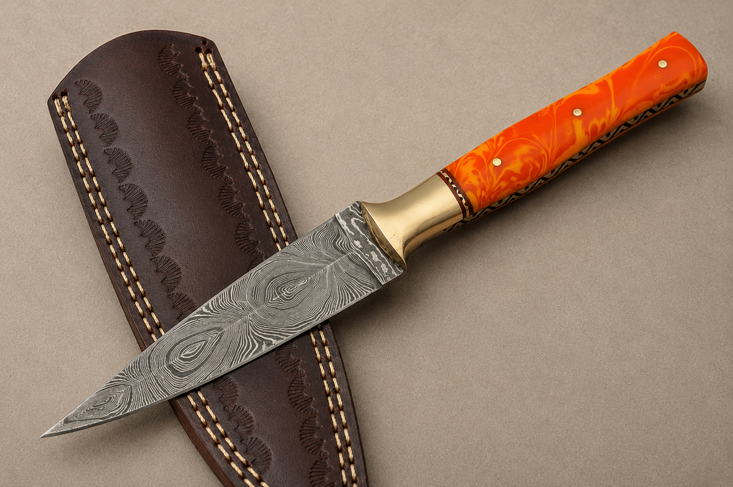 Ember Crest Damascus Steel Knife – 512 Layer Hand Forged Blade with Resin & Brass Handle and Leather Sheath