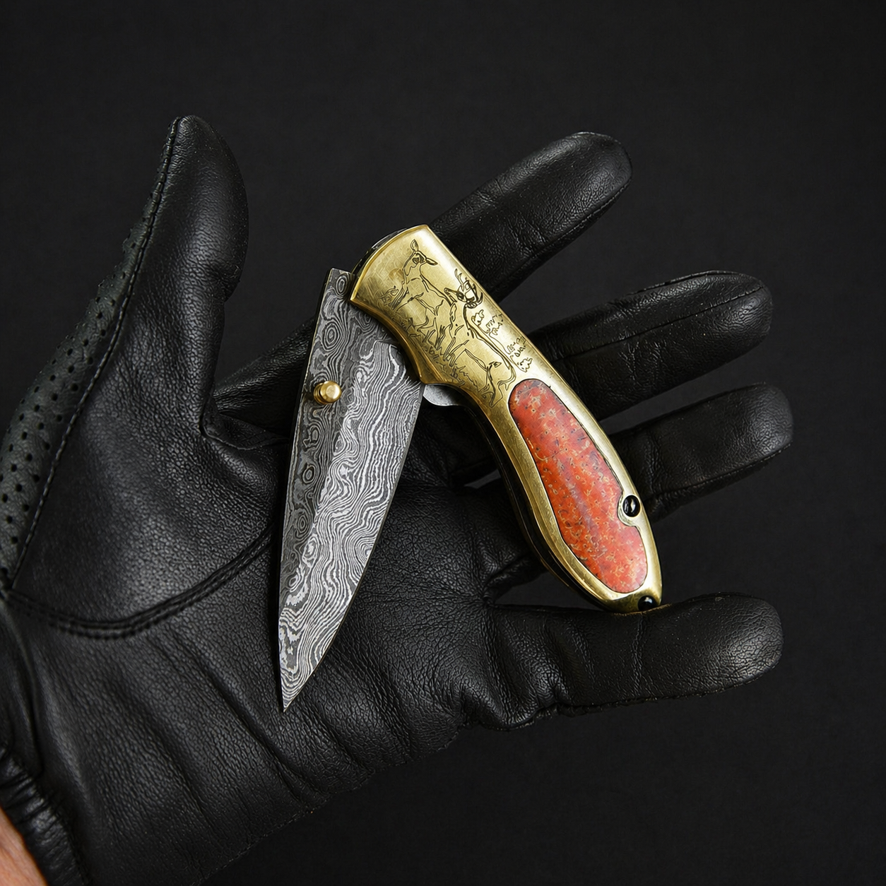 Custom Handmade Damascus Steel Folding Pocket Knife with Brass Handle – 512 Layers EDC Knife with Leather Sheath