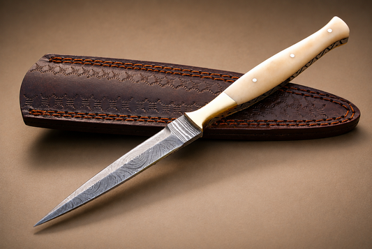 Desert Crest Damascus Steel Knife – 512 Layer Hand Forged Blade with Camel Bone Handle & Leather Sheath