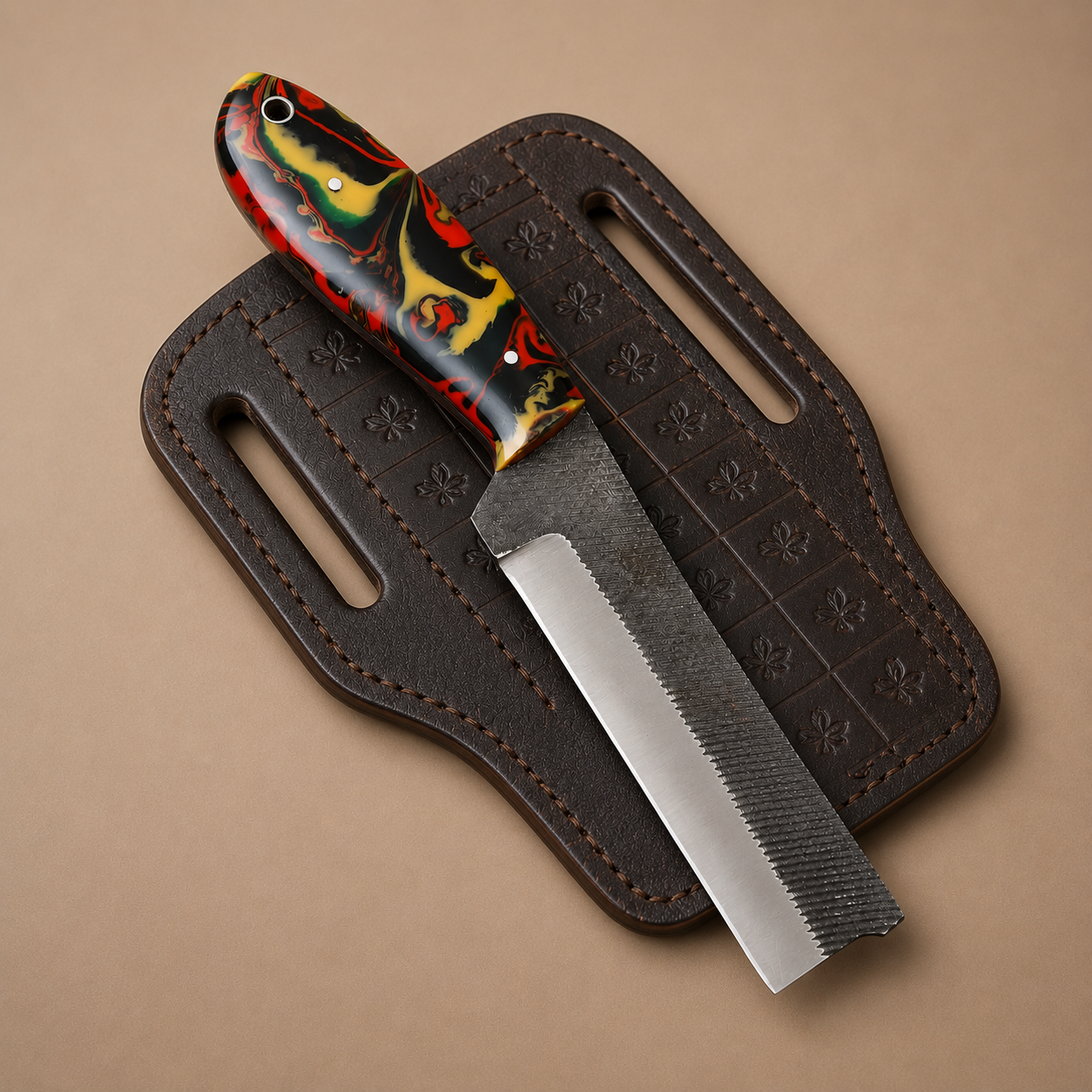 Hand Forged Railroad Steel Fixed Blade Knife with Resin Handle – Compact Utility Tool with Leather Sheath