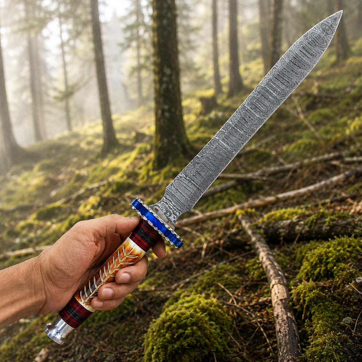 Custom Handmade Damascus Steel Medieval Collector Display Sword – Camel Bone Handle with Leather Sheath