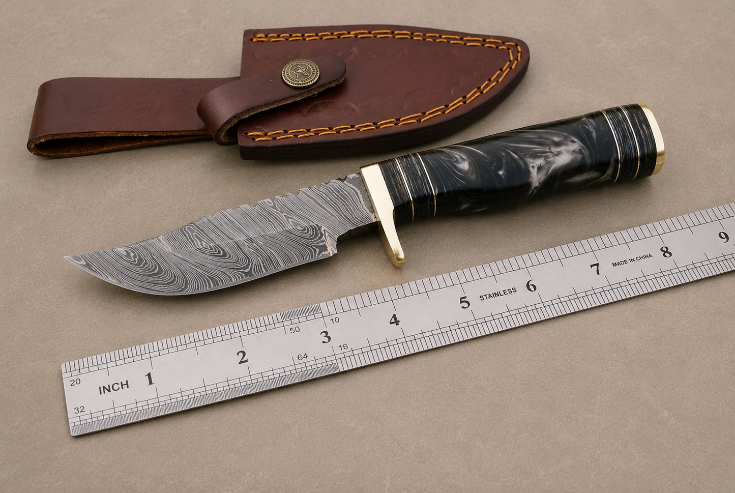 Forge Crest Damascus Steel Utility Knife – 512 Layer Hand Forged Blade with Resin Handle, Brass Guard & Leather Sheath