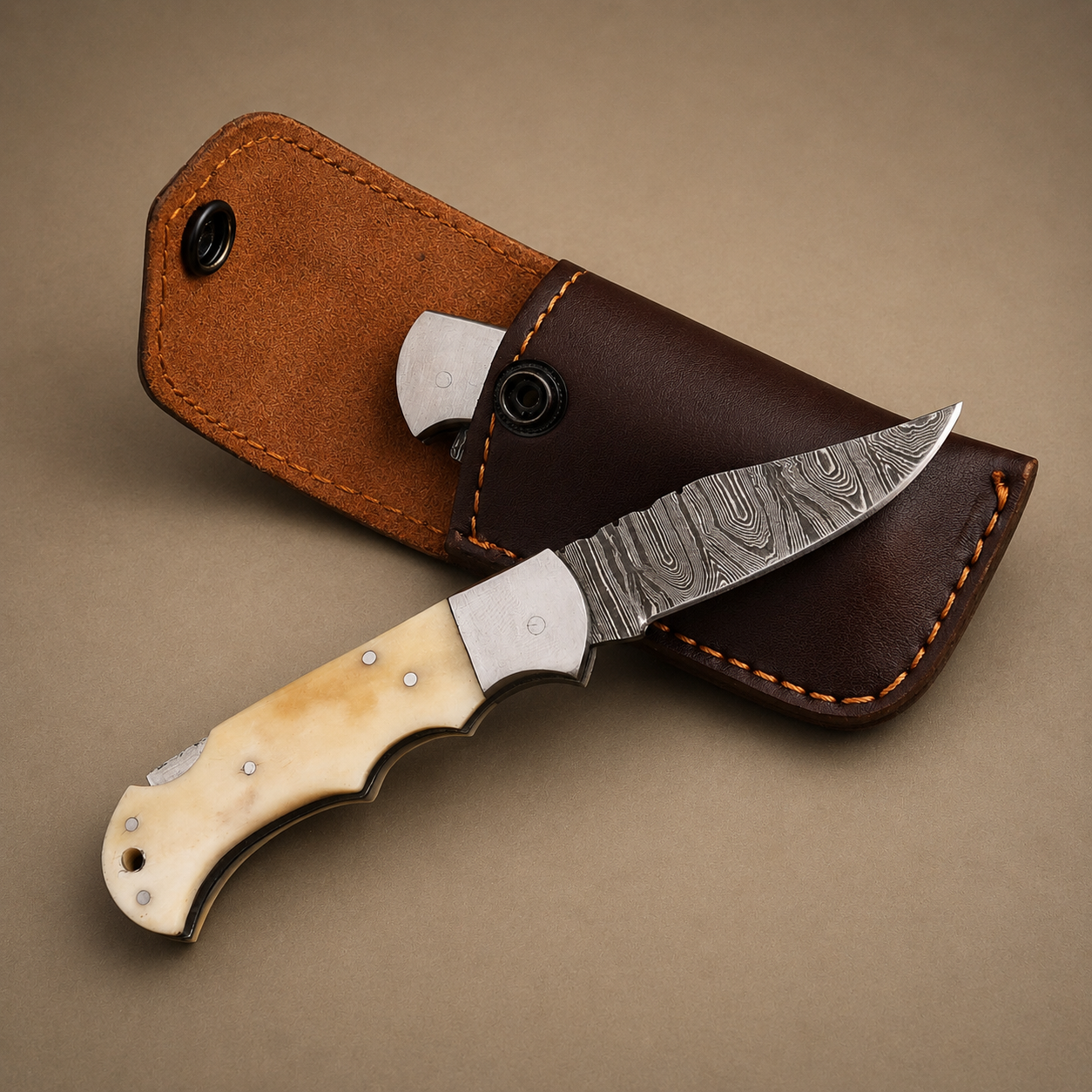 Ivory Peak Damascus Folding Knife – Premium Ivory Horn Handle, Steel Bolster & Leather Sheath
