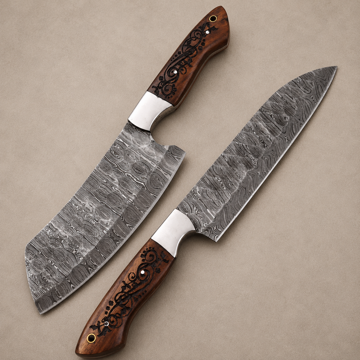 Hand Forged Damascus Steel Chef Knife Set – 2 Piece Kitchen Knife Set with Wood & Steel Bolster Handles (512 Layers)