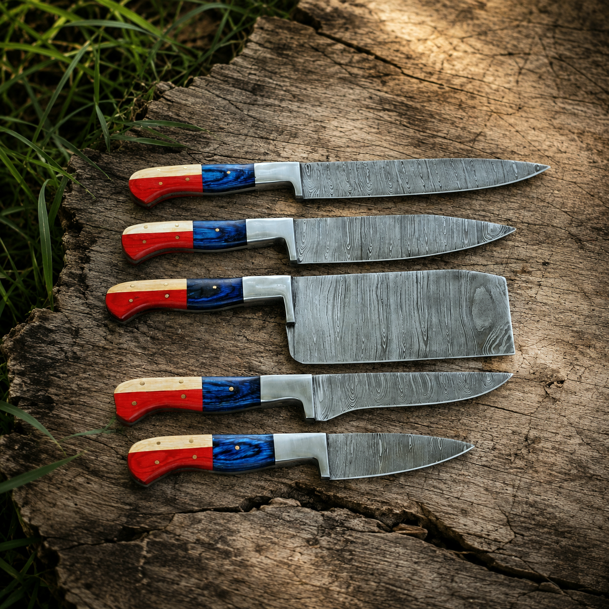 Hand Forged Damascus Steel Chef Knife Set – 5 Kitchen Knives with Wood Handles & Leather Sheath