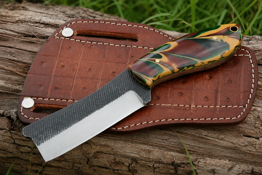 Hand Forged Railroad Steel Fixed Blade Utility Tool with Risen Handle – Engraved Leather Sheath Included