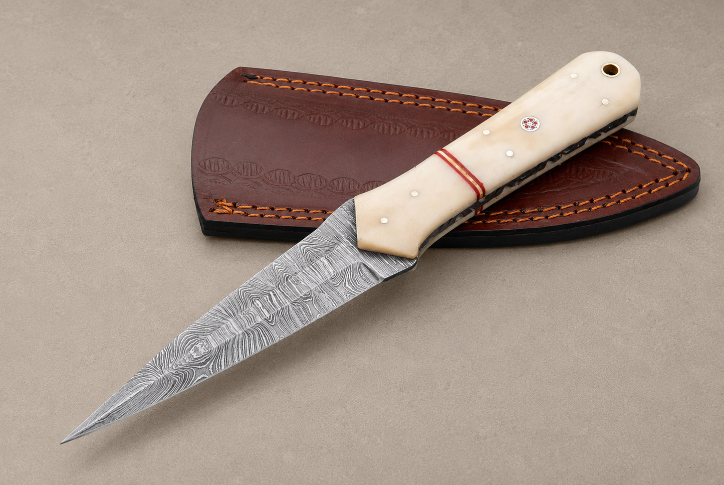 Desert Legacy Damascus Steel Knife – 512 Layer Hand Forged Blade with Camel Bone Handle & Leather Sheath
