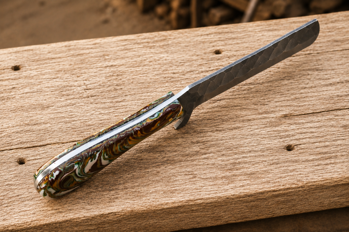 Hand Forged Fixed Blade Knife – Handmade Railroad Steel Knife with Resin Handle & Leather Sheath