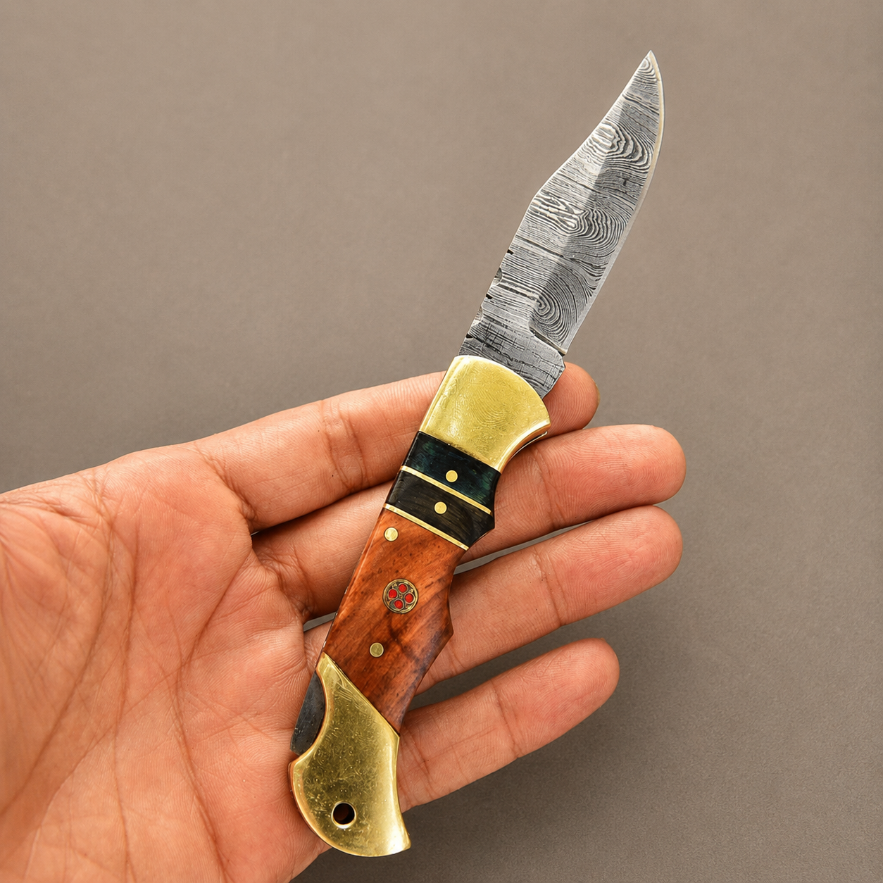 Hand Forged Damascus Steel Back Lock Folding Pocket Knife with Wood & Bull Horn Handle