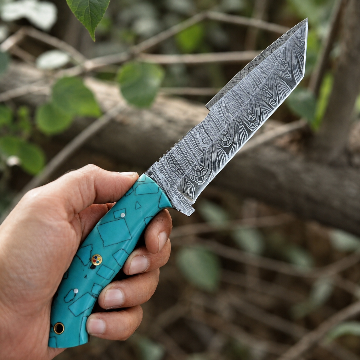 Handmade Damascus Steel Tanto Style Utility Knife – Hand Forged Premium EDC with Leather Sheath