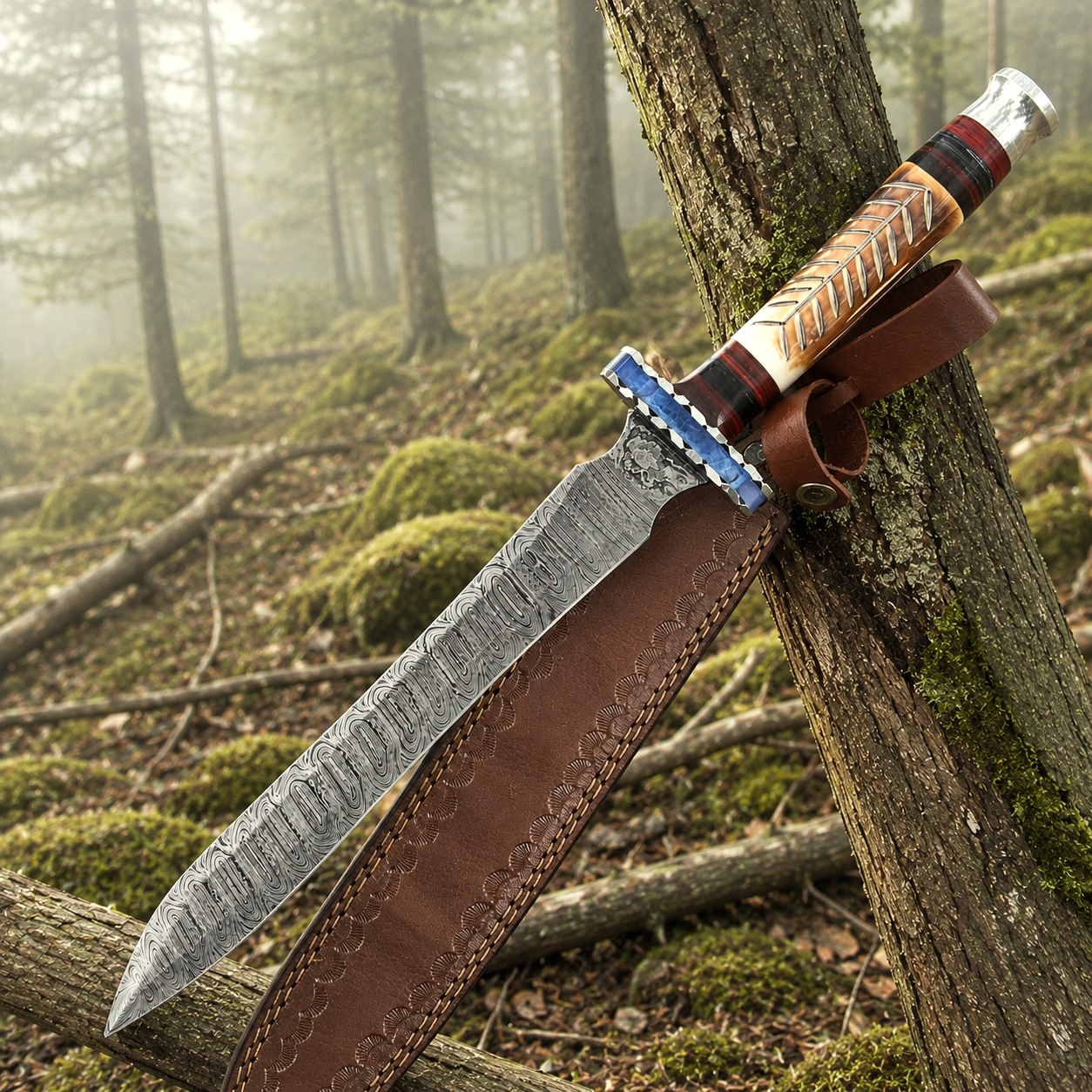 Custom Handmade Damascus Steel Medieval Collector Display Sword – Camel Bone Handle with Leather Sheath